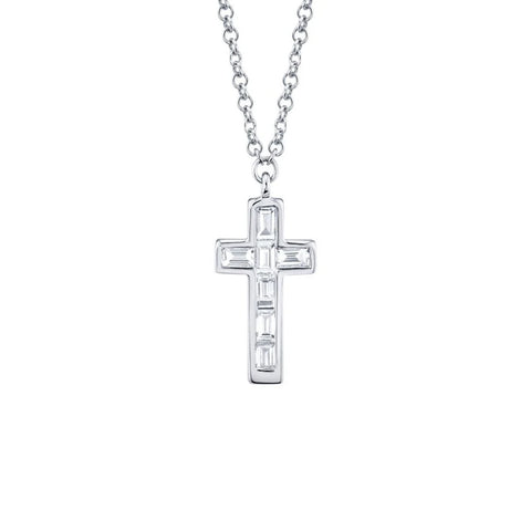 Shy Creation Diamond Baguette Cross Necklace 0.17 CT-Shy Creation Diamond Baguette Cross Necklace in 14 karat white gold with diamonds totaling 0.17 carats.