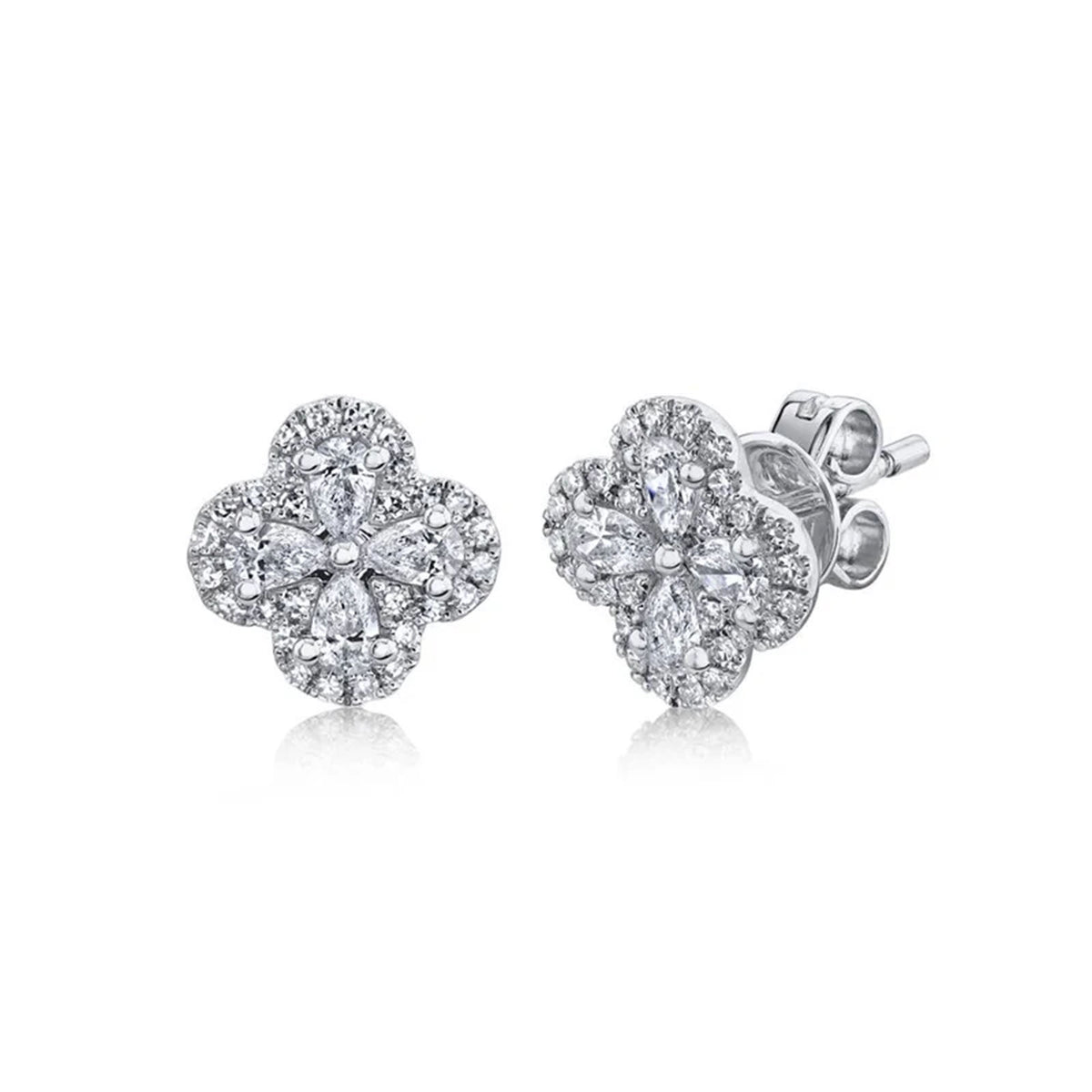 Shy Creation Diamond Clover Stud Earrings in 14 karat white gold with diamonds totaling 0.60 carats.