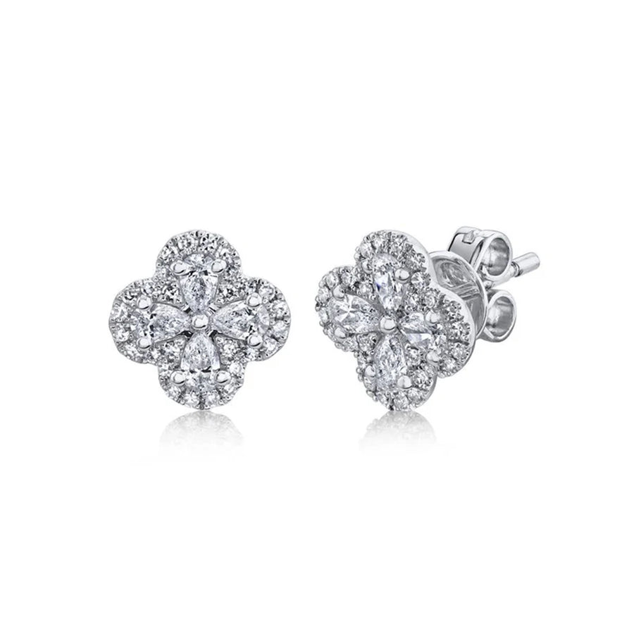 Shy Creation Diamond Clover Stud Earrings in 14 karat white gold with diamonds totaling 0.60 carats.
