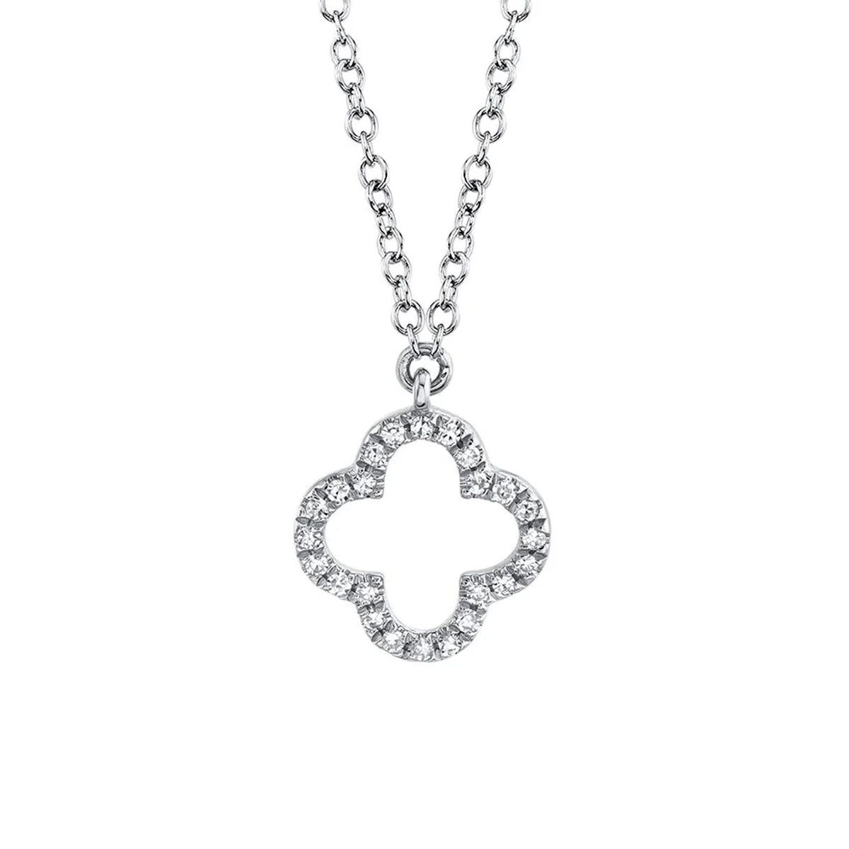 Shy Creation Diamond Clover Necklace in 14 karat white gold with diamonds totaling 0.08 carats.