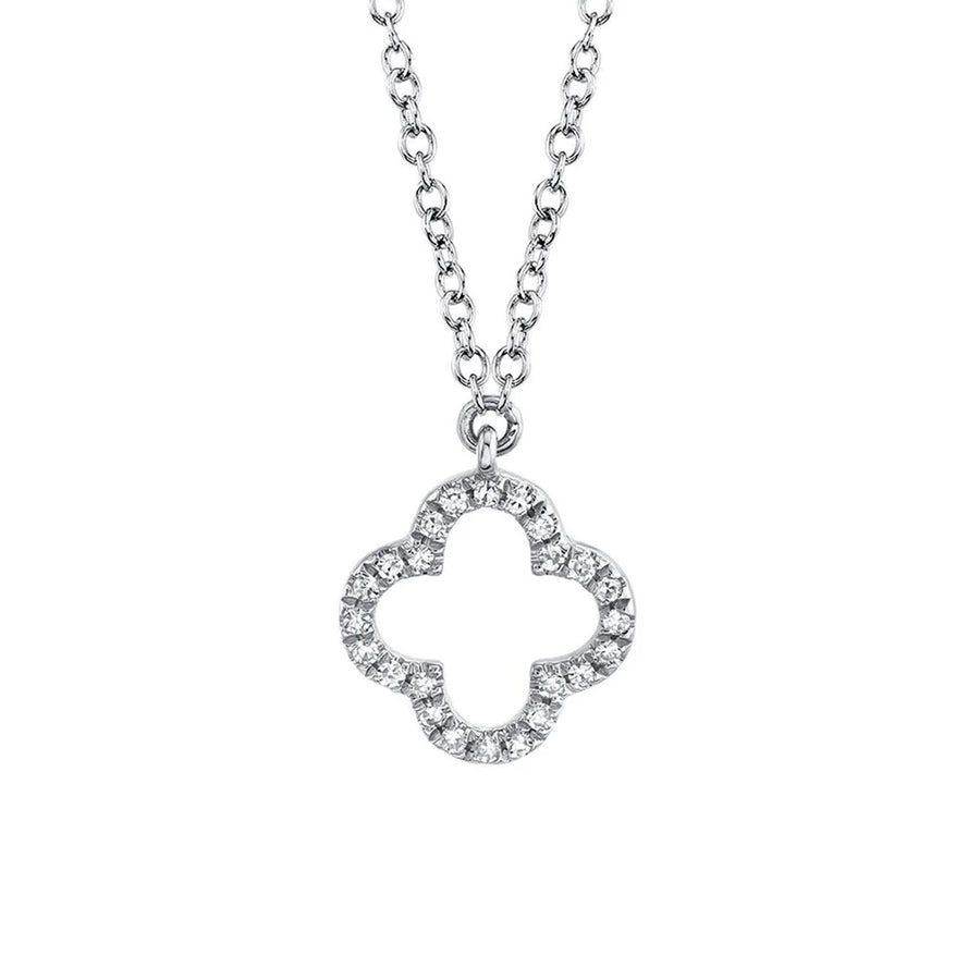 Shy Creation Diamond Clover Necklace in 14 karat white gold with diamonds totaling 0.08 carats.