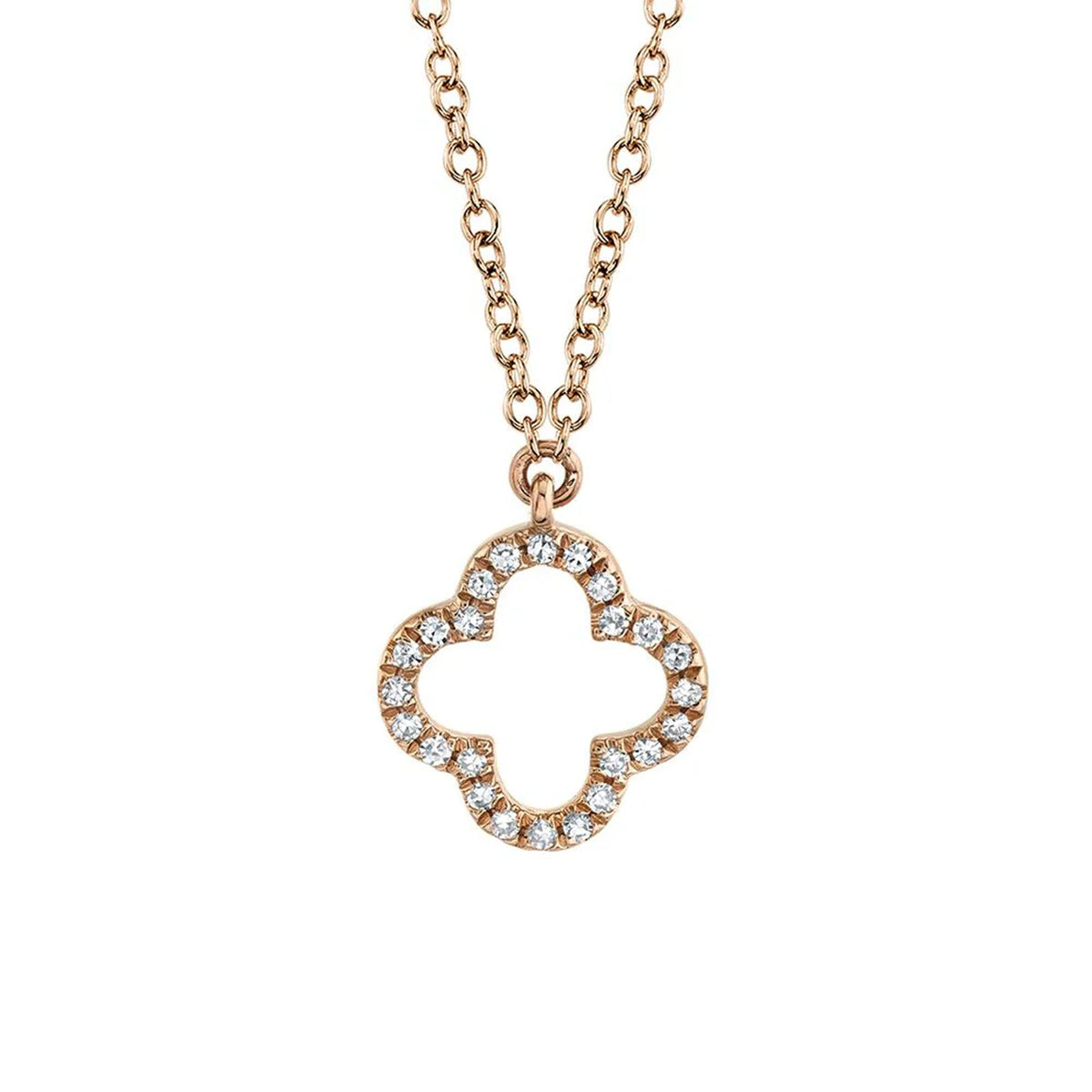 Shy Creation Diamond Clover Necklace in 14 karat rose gold totaling 0.08 carats.