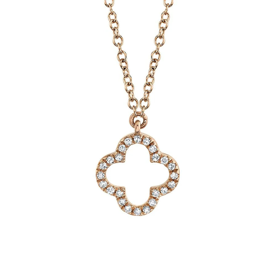 Shy Creation Diamond Clover Necklace in 14 karat rose gold totaling 0.08 carats.