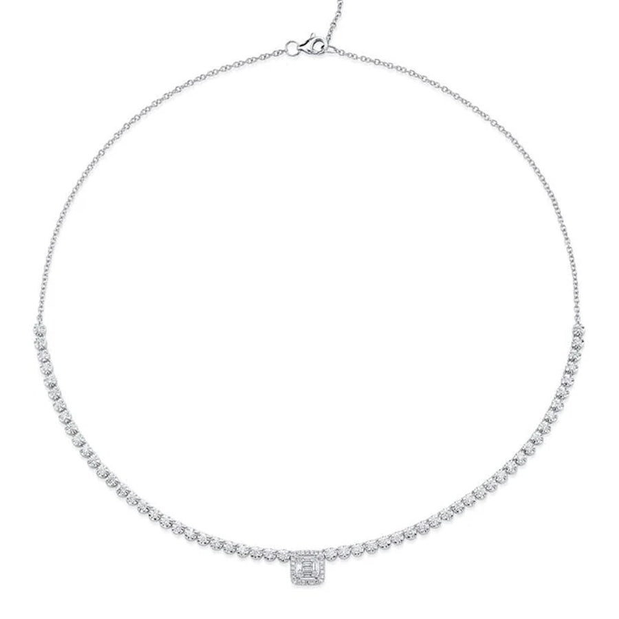 Shy Creation Diamond Baguette Necklace in 14 karat white gold with diamonds totaling 1.23 carats.