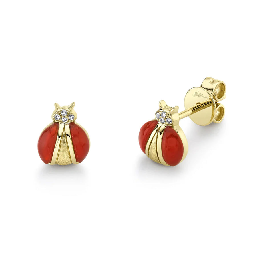 Shy Creation Red Agate Ladybug Stud Earrings in 14 karat yellow gold with diamonds totaling 0.02 carats.