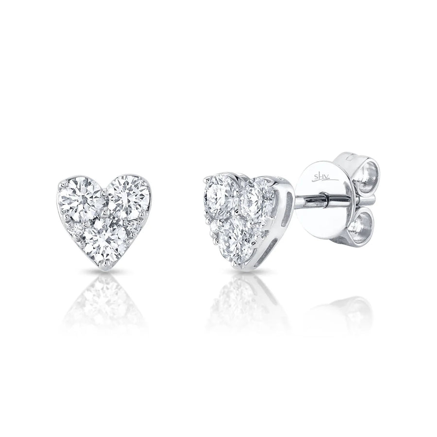 Shy Creation Diamond Heart Stud Earrings in 14 karat white gold with diamonds totaling 0.51 carats.