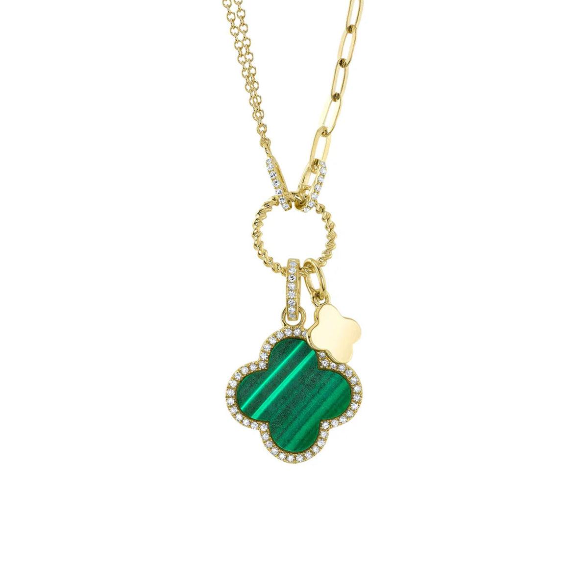 Shy Creation Diamond and Malachite Clover Paper Clip Necklace in 14 karat yellow gold with diamonds totaling 0.17 carats.