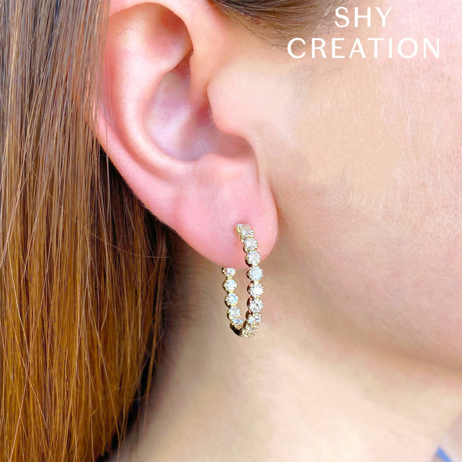 Shy Creation Diamond Crown Setting Hoop Earrings in 18 karat yellow gold with diamonds totaling 2.08 carats.