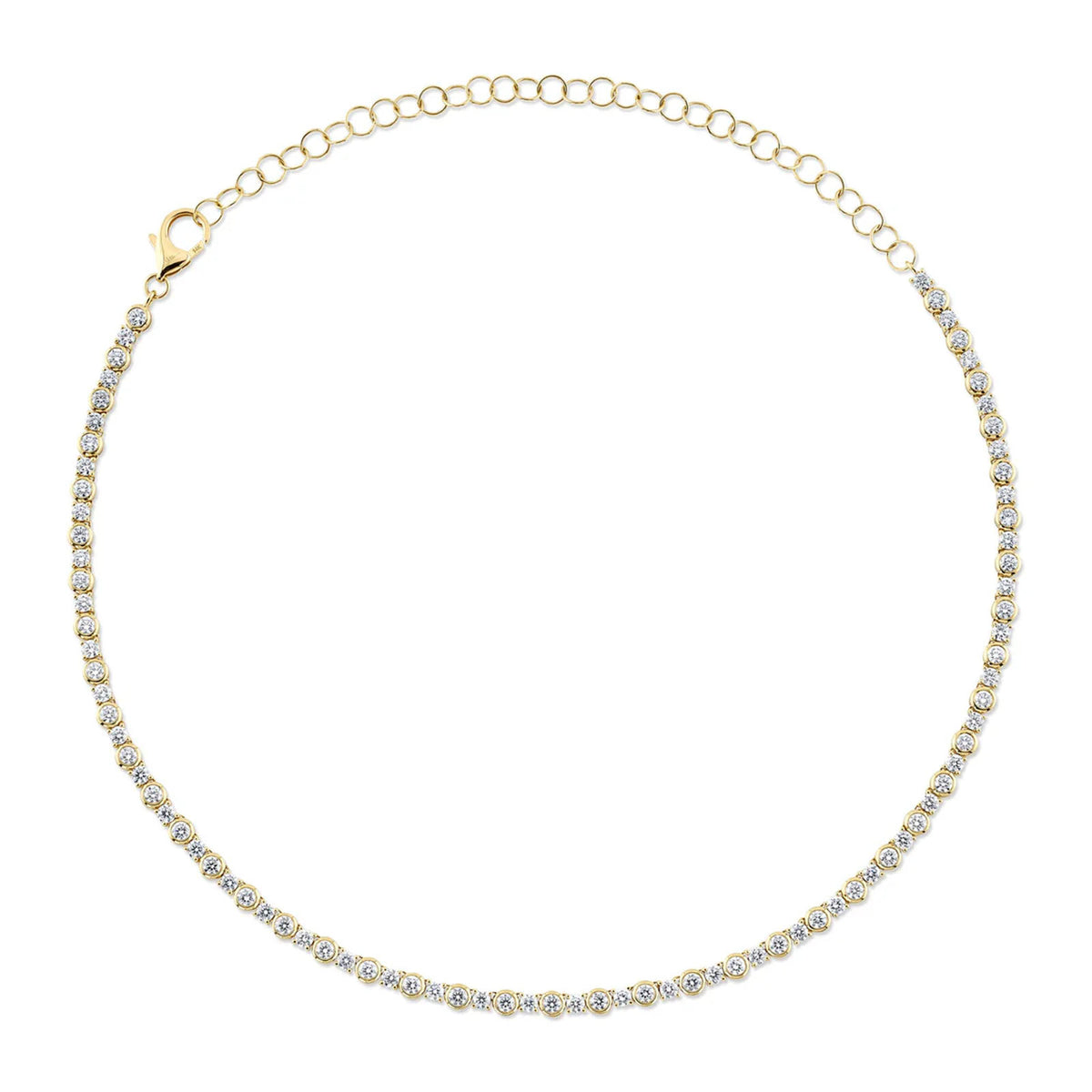 Shy Creation Diamond Bezel Tennis Necklace in 14 karat yellow gold with diamonds totaling 7.54 carats with adjustable chain.