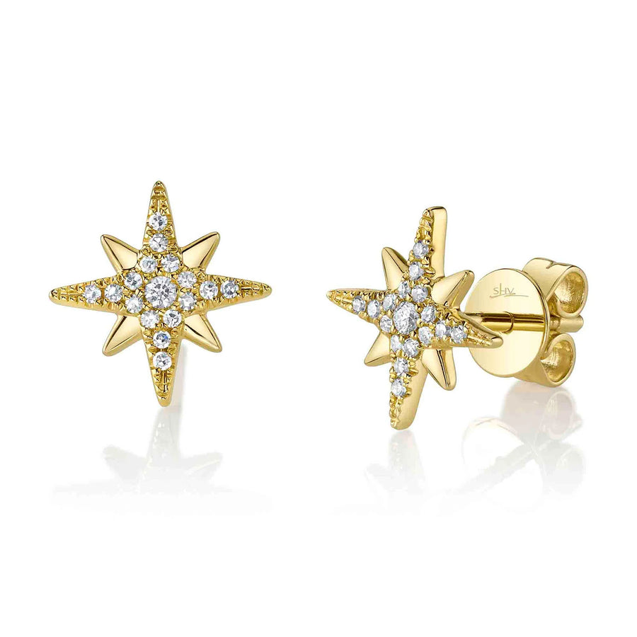 Shy Creation Diamond Star Stud Earrings in 14 karat yellow gold with pave diamonds totaling 0.12 carats.