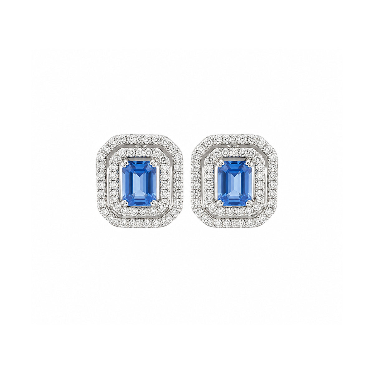 Emerald Cut Sapphire and Double Diamond Halo Stud Earrings