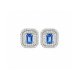 Emerald Cut Sapphire and Double Diamond Halo Stud Earrings-Emerald Cut Sapphire and Double Diamond Halo Stud Earrings