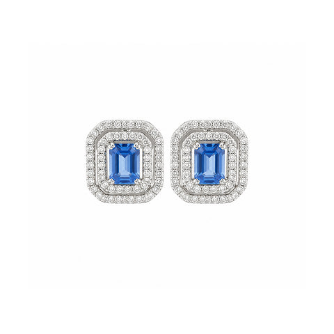 Emerald Cut Sapphire and Double Diamond Halo Stud Earrings-Emerald Cut Sapphire and Double Diamond Halo Stud Earrings