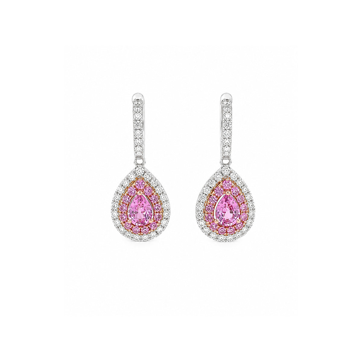 Pear Pink Sapphire and Diamond Double Halo Huggie Drop Earrings