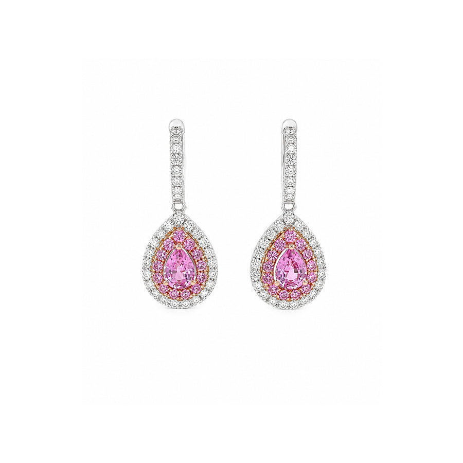 Pear Pink Sapphire and Diamond Double Halo Huggie Drop Earrings