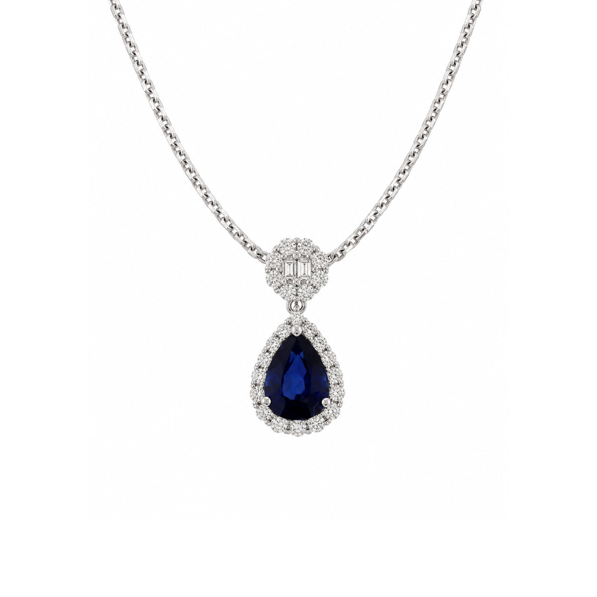 Pear Cut Sapphire Diamond Halo Drop Necklace