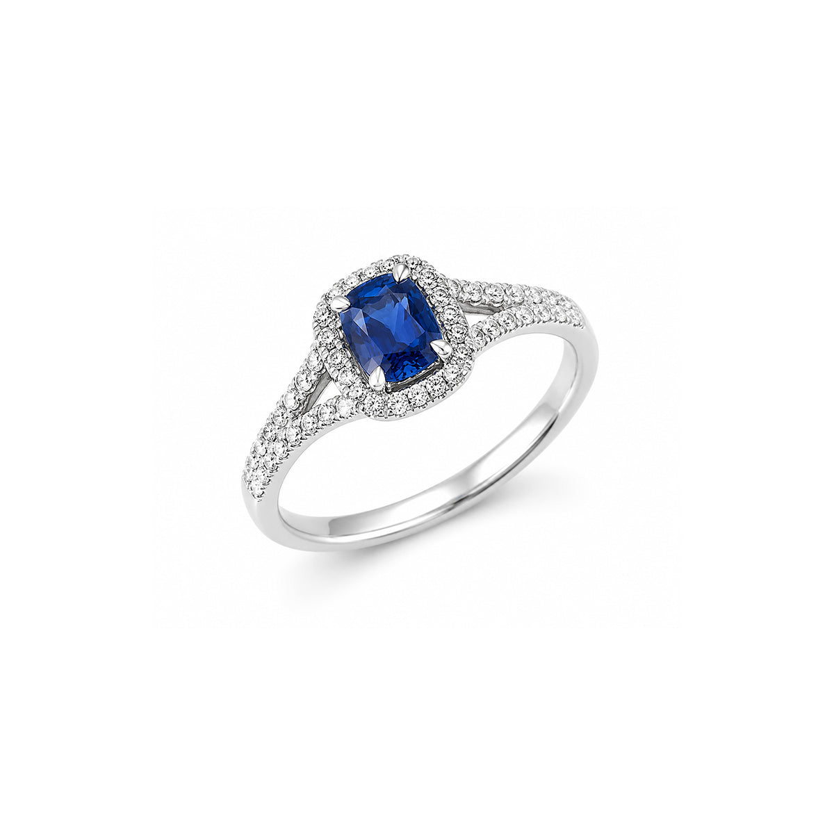 Sapphire Diamond Halo Split Shank Ring