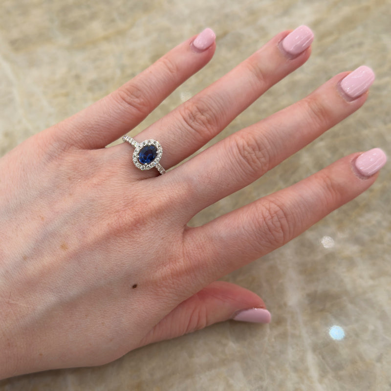 Oval Brilliant Cut Sapphire Diamond Halo Ring-Oval Brilliant Cut Sapphire Diamond Halo Ring
