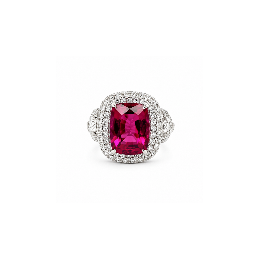18K white gold ring featuring a center cushion-cut rubellite, surrounded by a double diamond halo, flanked by half-moon diamonds on each side.
