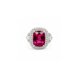 Rubellite Diamond Ring-18K white gold ring featuring a center cushion-cut rubellite, surrounded by a double diamond halo, flanked by half-moon diamonds on each side.