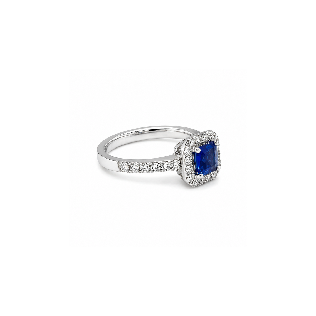 18K white gold ring featuring a center square-cut sapphire