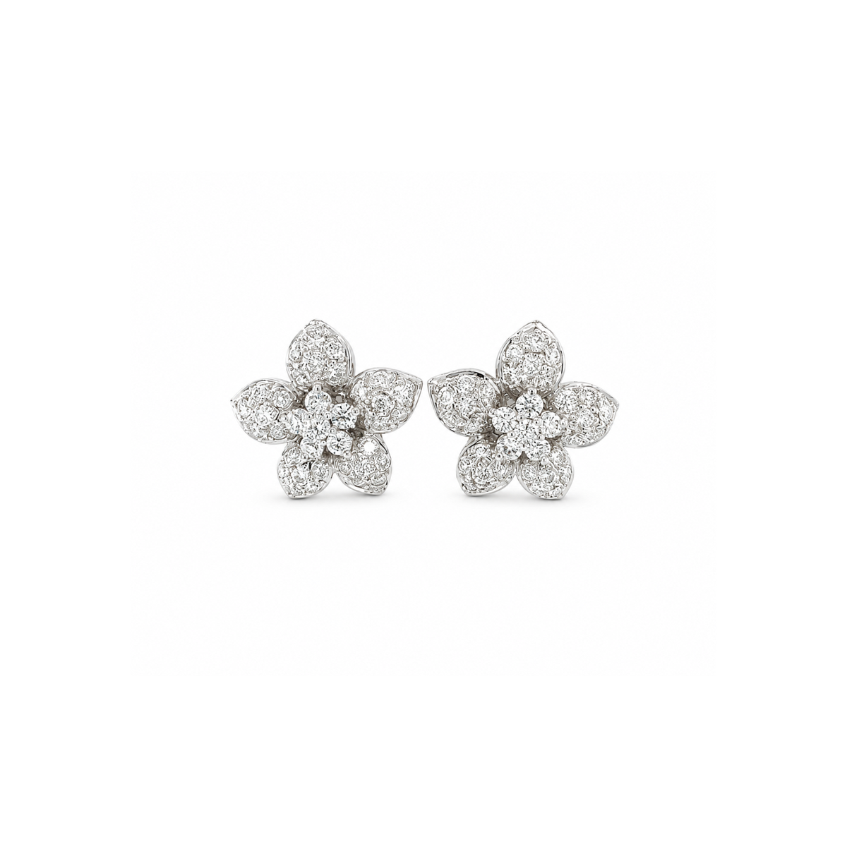 18 karat white gold diamond flower stud earrings.