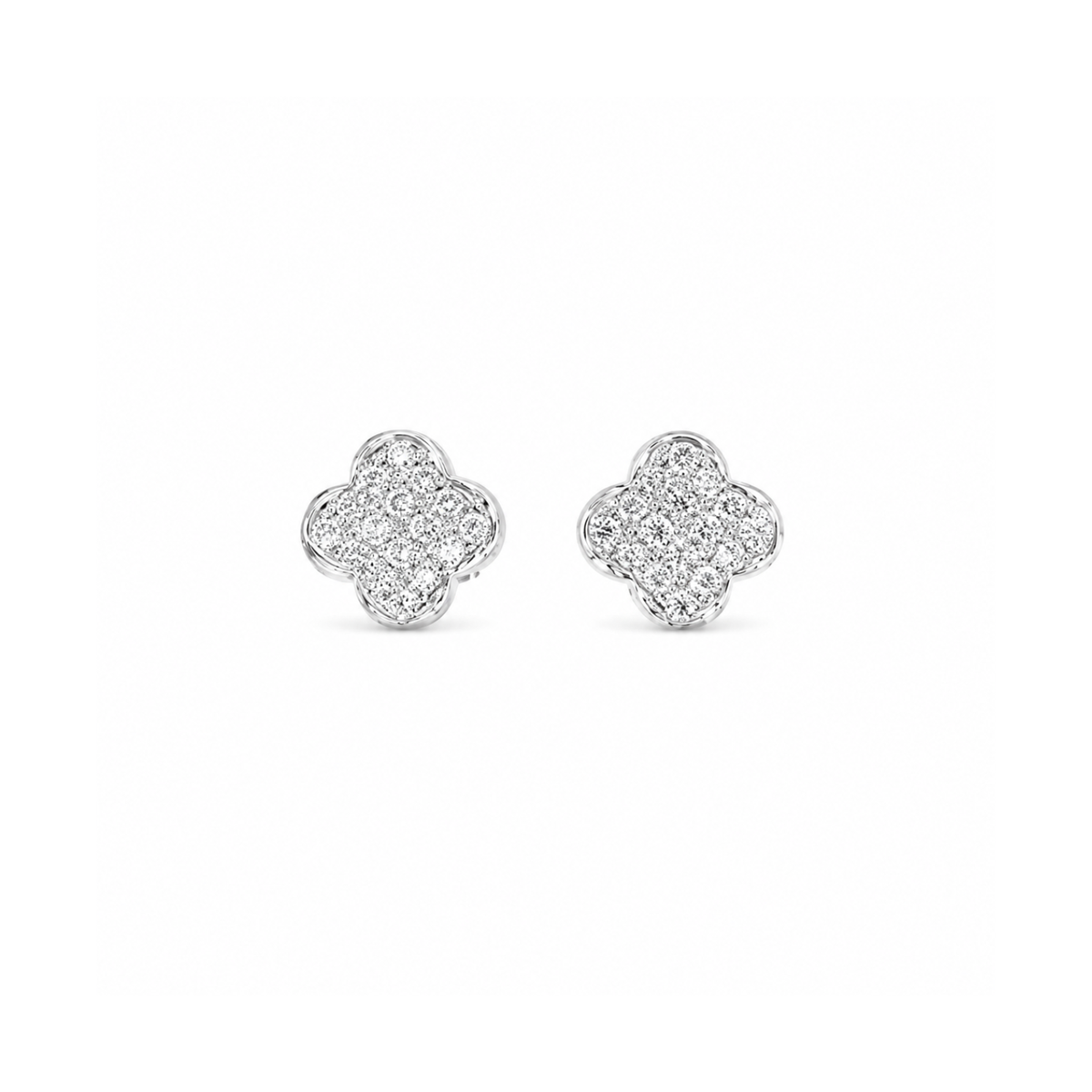 18 karat white gold diamond clover stud earrings.