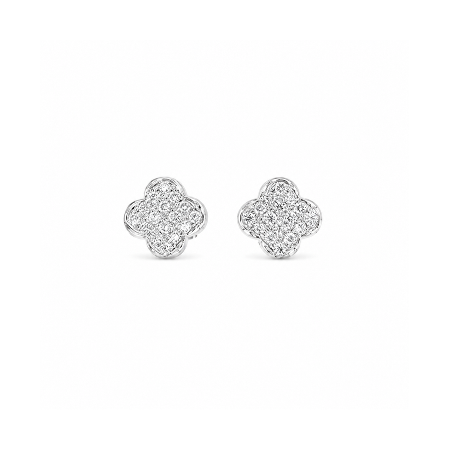 18 karat white gold diamond clover stud earrings.