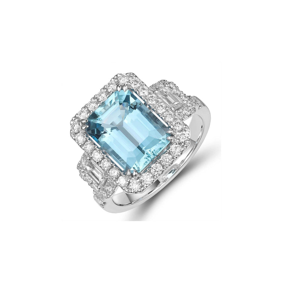 Art Deco Aquamarine and Diamond Three Stone Halo Cocktail Ring - ORRTJ00299