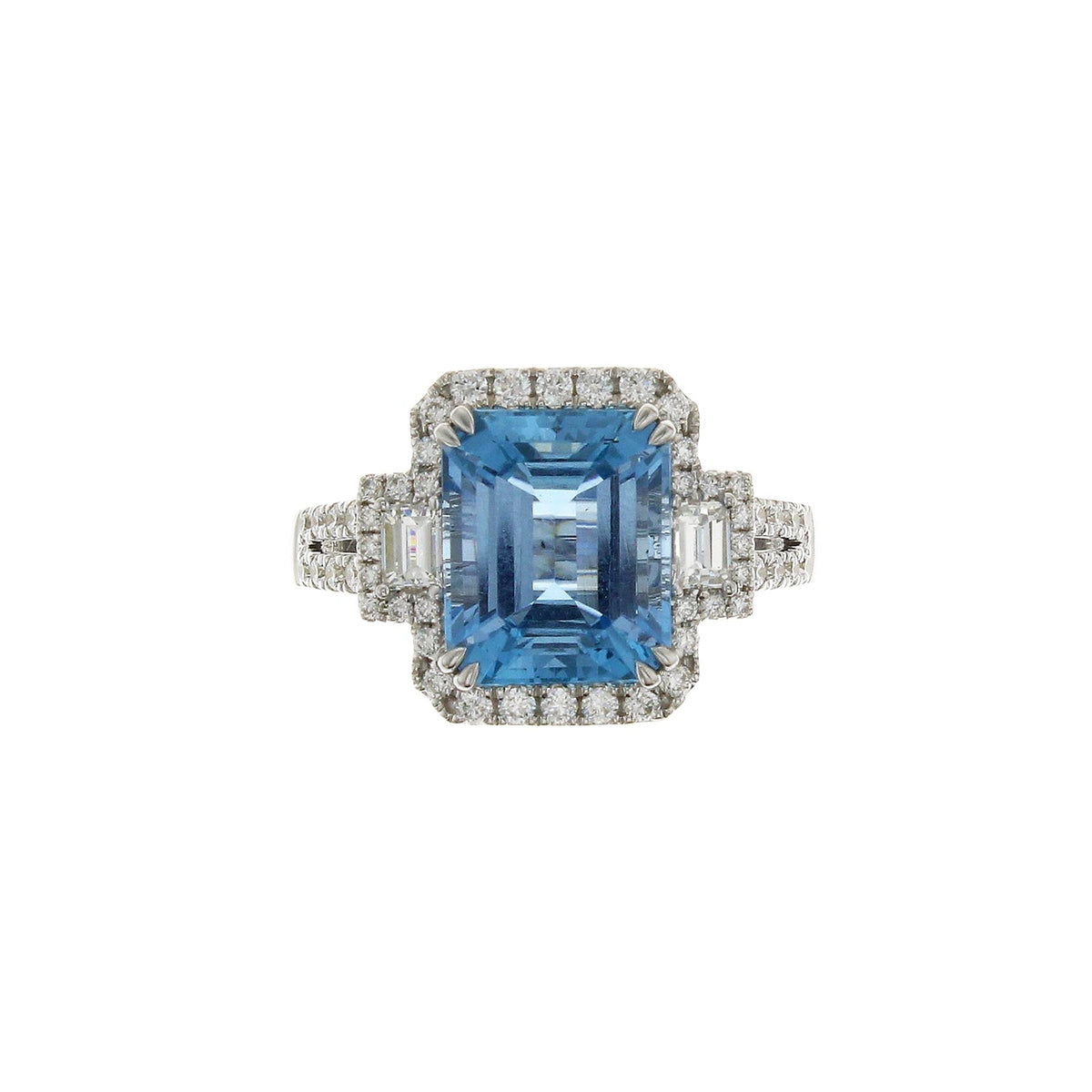 Art Deco Aquamarine and Diamond Three Stone Halo Cocktail Split Shank Ring - ORRTJ00281