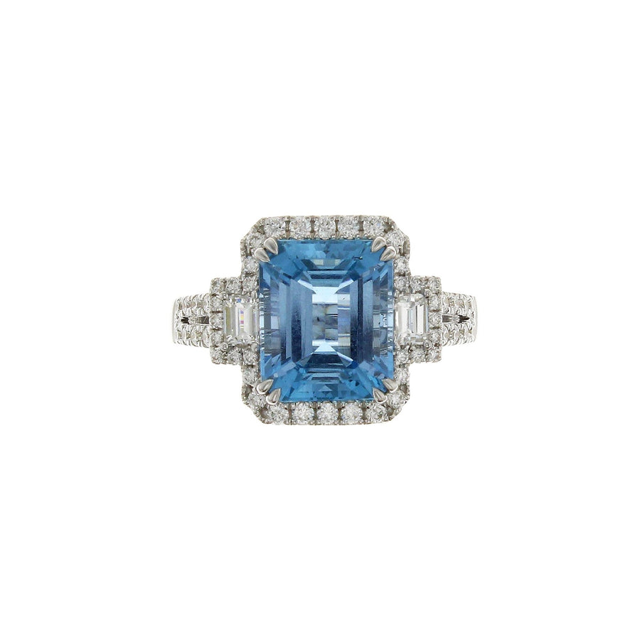 Art Deco Aquamarine and Diamond Three Stone Halo Cocktail Split Shank Ring - ORRTJ00281