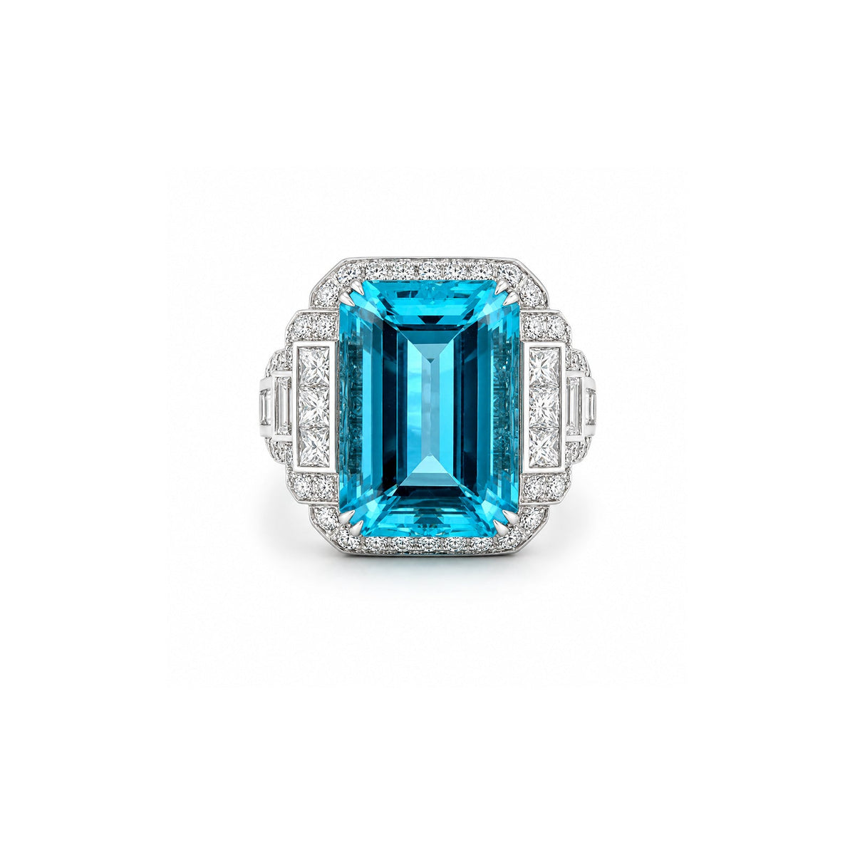 Art Deco Emerald Cut Aquamarine Diamond Cocktail Ring