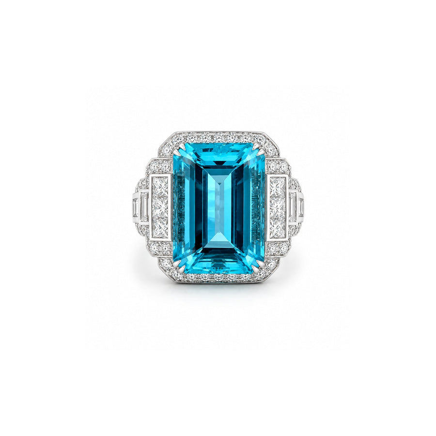 Art Deco Emerald Cut Aquamarine Diamond Cocktail Ring