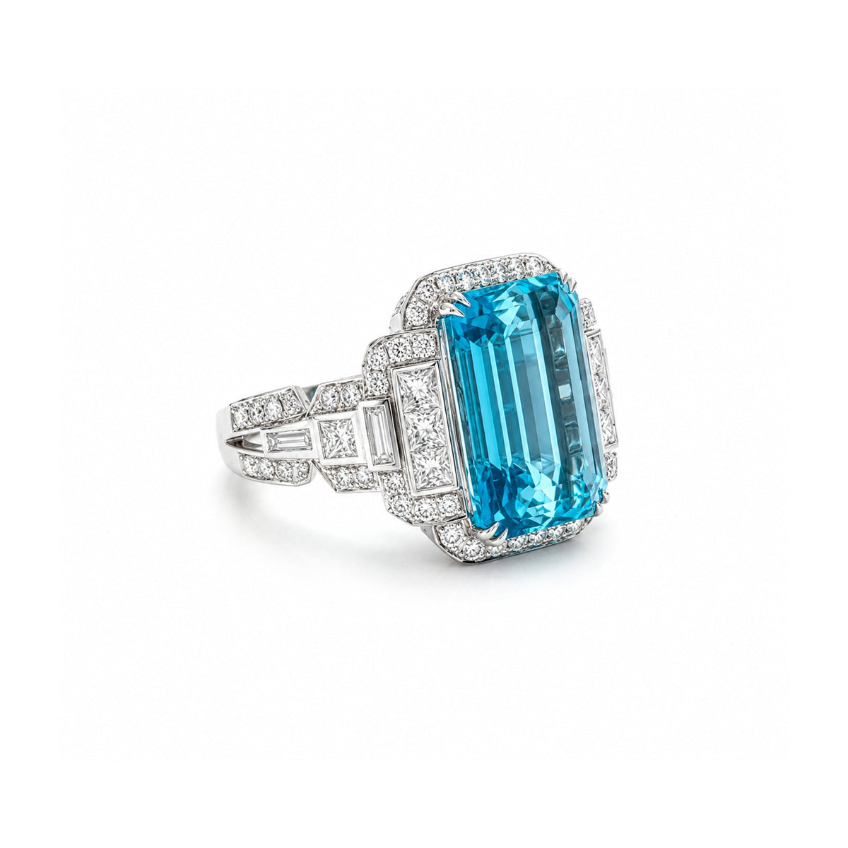 Art Deco Emerald Cut Aquamarine Diamond Cocktail Ring