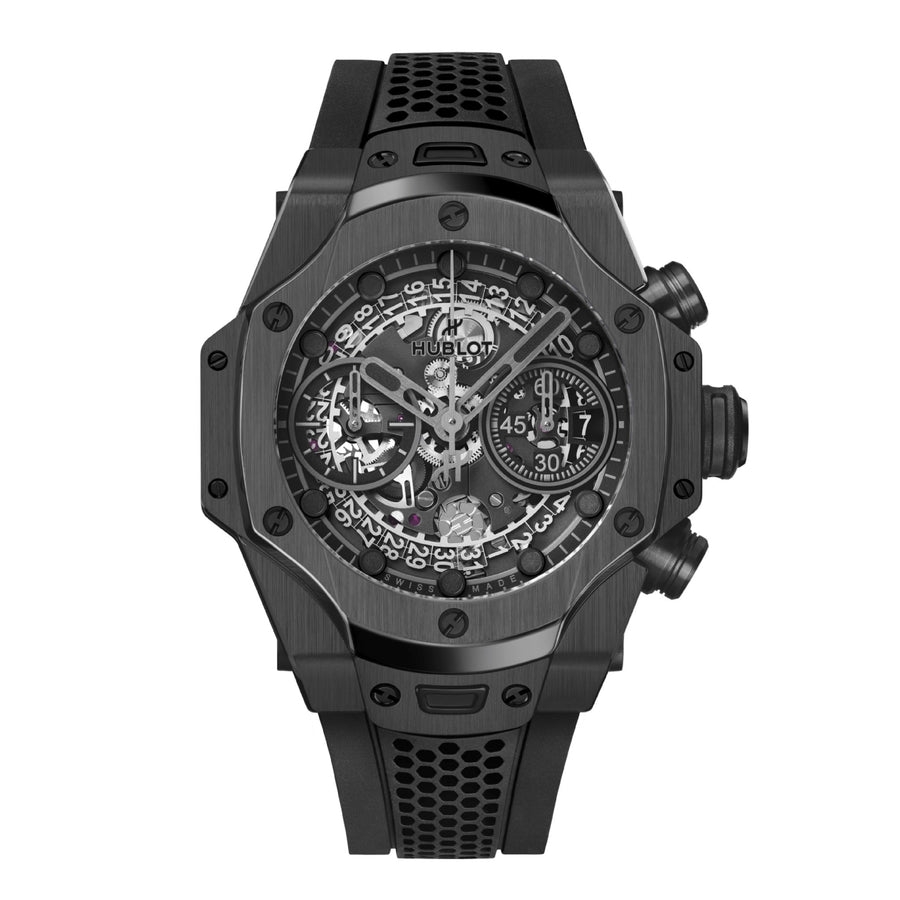 Black Hublot watch on a white background