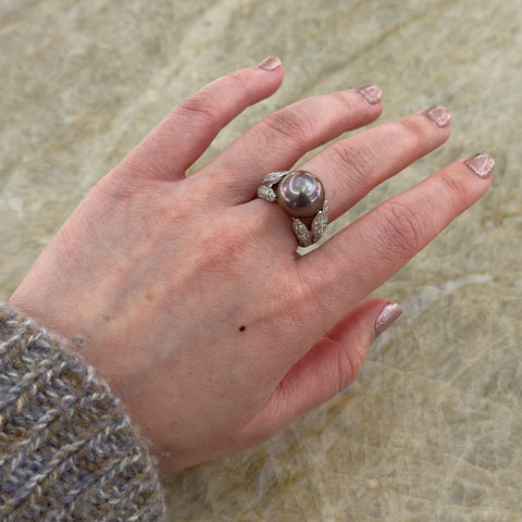 Black South Sea Pearl Diamond Ring-Black South Sea Pearl Diamond Ring - PRMXM00082