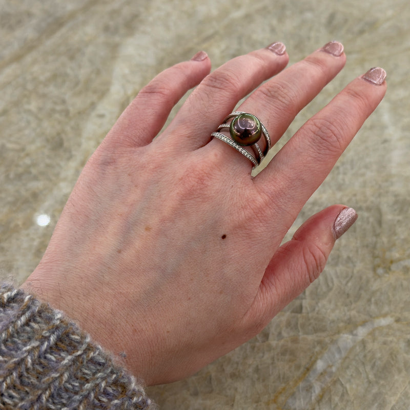 Black South Sea Pearl Diamond Ring-Black South Sea Pearl Diamond Ring - PRUJD00073
