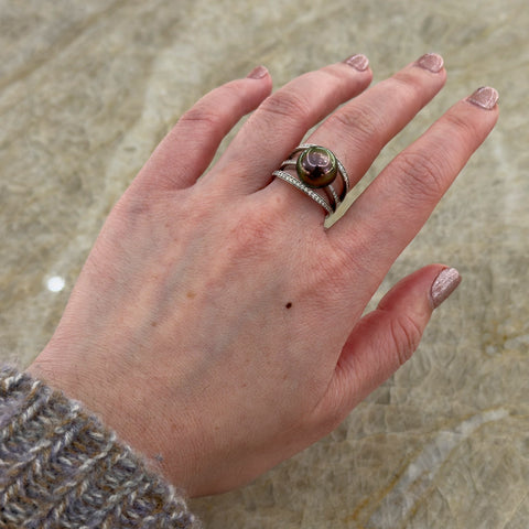 Black South Sea Pearl Diamond Ring-Black South Sea Pearl Diamond Ring - PRUJD00073