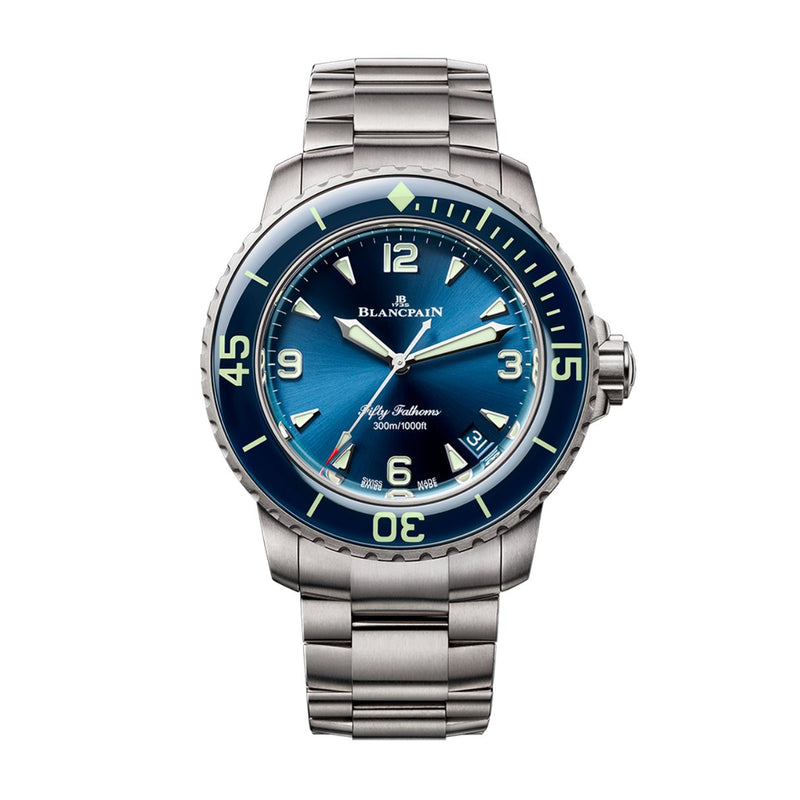Blancpain Fifty Fathoms Automatique 42mm-Blancpain Fifty Fathoms Automatique - 5010 12B40 98S - Blancpain Fifty Fathoms Automatique in a 42mm titanium case with blue dial on titanium bracelet, featuring a date display and automatic movement with up to 120 hours of power reserve.