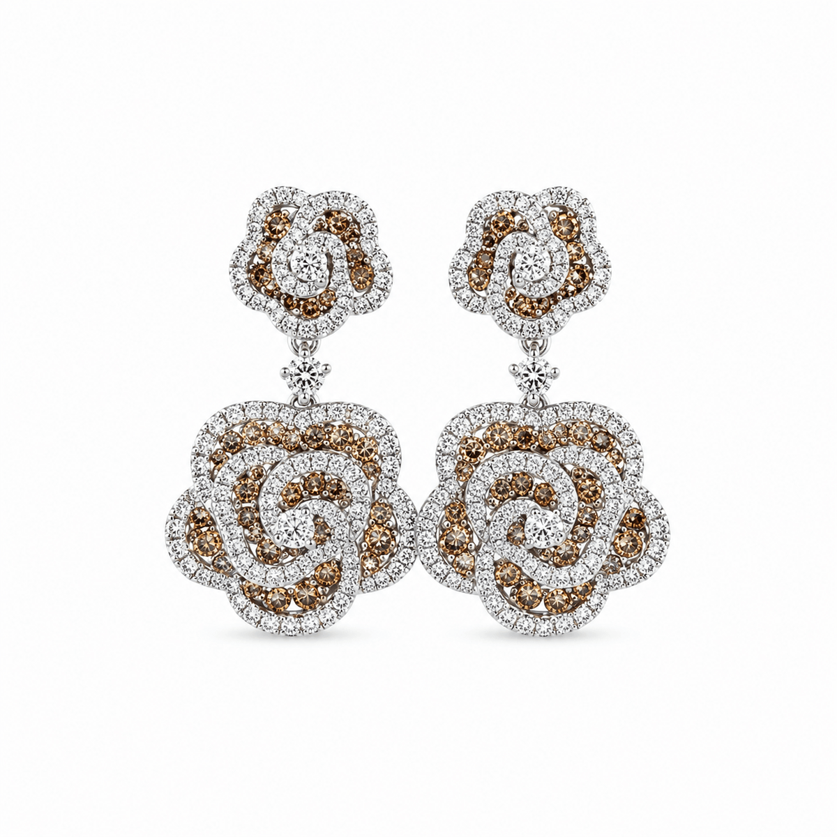 Brown and White Diamond Floral Rose Drop Earrings