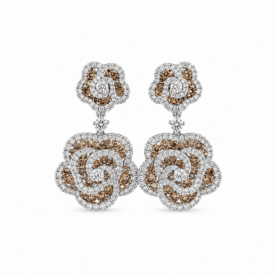 Brown and White Diamond Floral Rose Drop Earrings