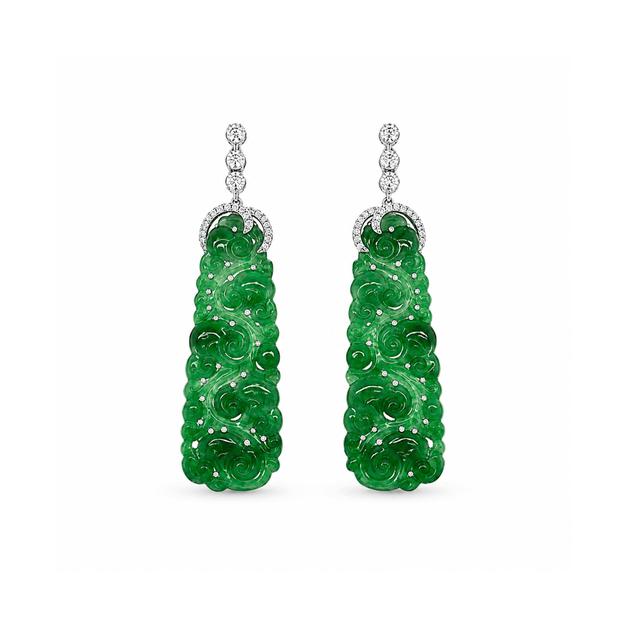 Carved Jade Diamond Drop Earrings