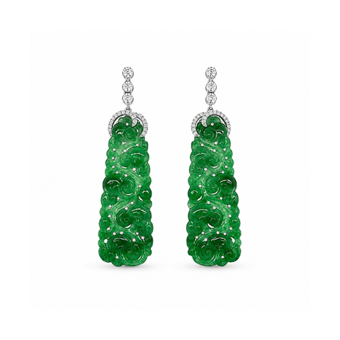 Carved Jade Diamond Drop Earrings-Carved Jade Diamond Drop Earrings