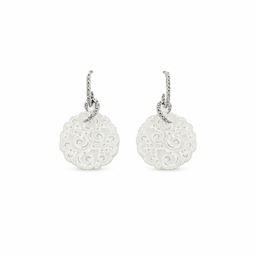 18K White Gold Carved White Jade Diamond Drop Earrings