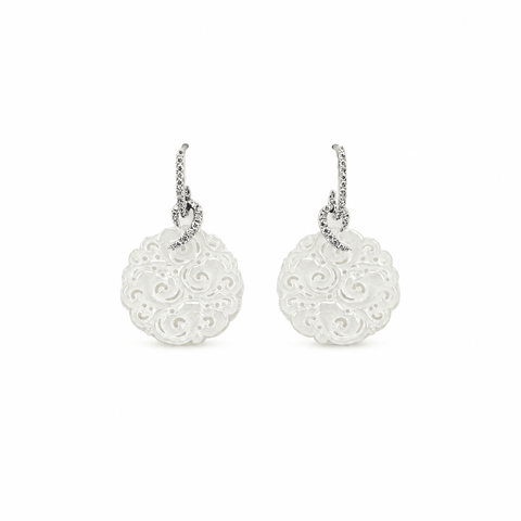 Carved White Jade Diamond Drop Earrings-18K White Gold Carved White Jade Diamond Drop Earrings
