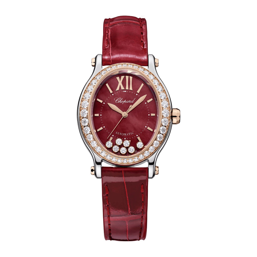 Chopard Happy Sport - 278602-6005 - Chopard Happy Sport in a 31mm stainless steel/rose gold diamond bezel case with red mother-of-pearl dial on leather strap, featuring seven floating diamonds and an automatic movement with up to 42 hours of power reserve.