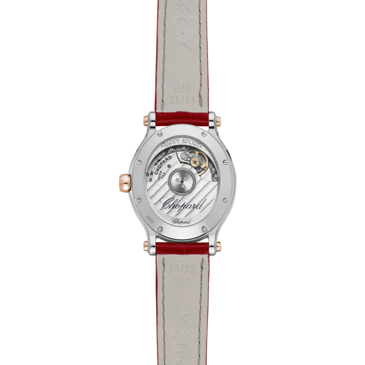 Chopard Happy Sport - 278602-6005 - Chopard Happy Sport in a 31mm stainless steel/rose gold diamond bezel case with red mother-of-pearl dial on leather strap, featuring seven floating diamonds and an automatic movement with up to 42 hours of power reserve.