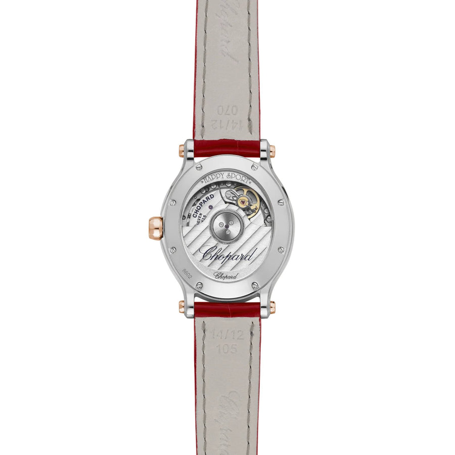 Chopard Happy Sport - 278602-6005 - Chopard Happy Sport in a 31mm stainless steel/rose gold diamond bezel case with red mother-of-pearl dial on leather strap, featuring seven floating diamonds and an automatic movement with up to 42 hours of power reserve.