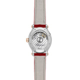 Chopard Happy Sport 31mm-Chopard Happy Sport - 278602-6005 - Chopard Happy Sport in a 31mm stainless steel/rose gold diamond bezel case with red mother-of-pearl dial on leather strap, featuring seven floating diamonds and an automatic movement with up to 42 hours of power reserve.