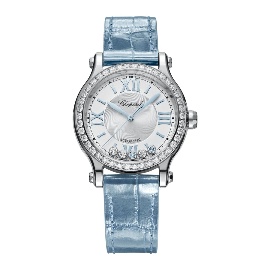 Chopard Happy Sport 33mm - 278608-3009 - Chopard Happy Sport in a 33mm stainless steel diamond bezel case with silver dial on leather strap, featuring five floating diamonds and an automatic movement.